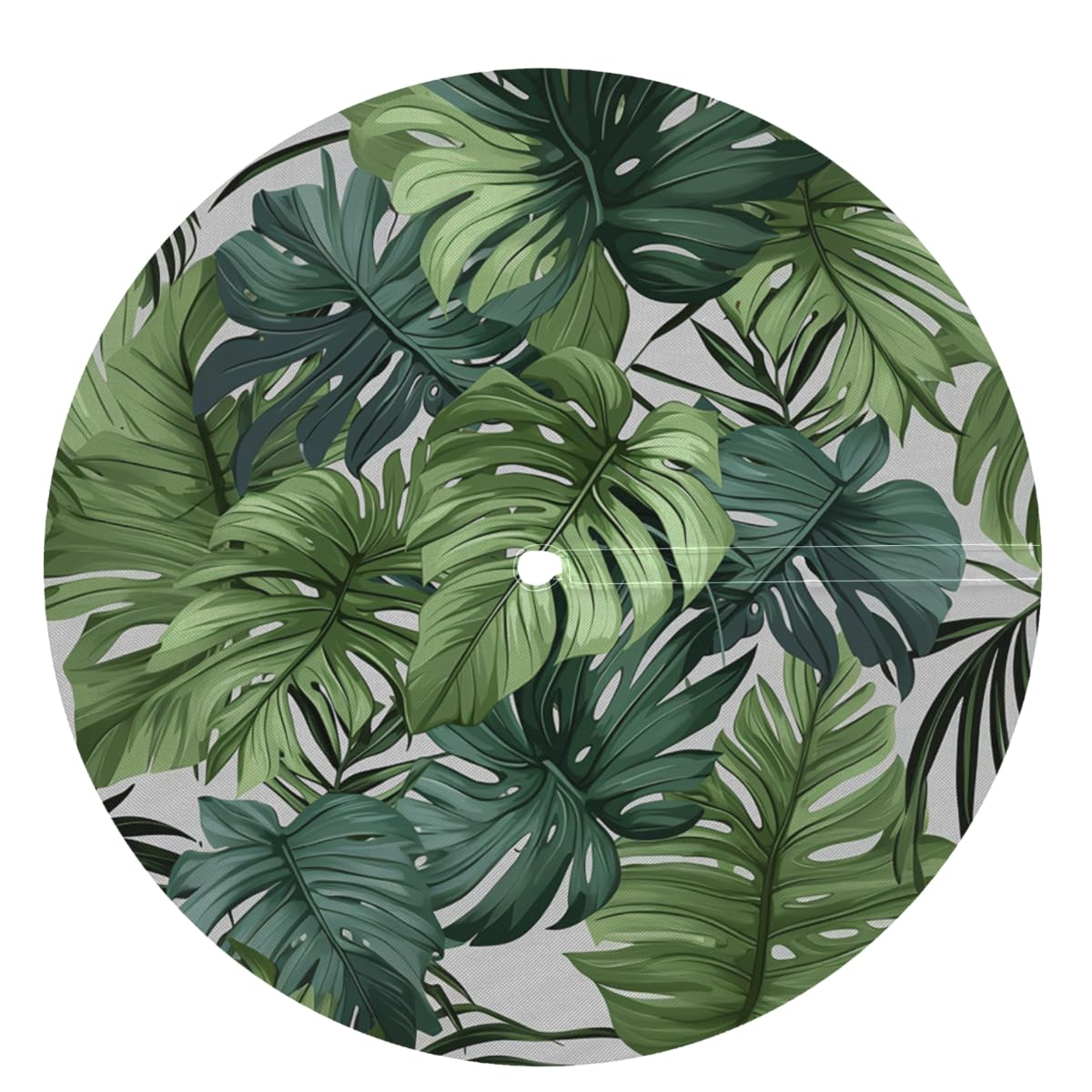 Round Outdoor Tablecloth with Umbrella Hole, Elastic Fitted Table Cloth with Invisible Zipper, Tropical Palm Leaf