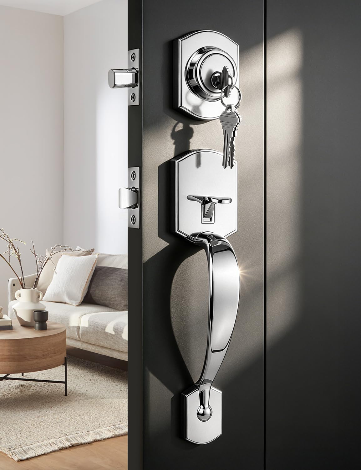 Camelot Front Door Handle and Deadbolt Set, Bright Chrome Front Door Lock Set, Upgated Entry Door Handle with Accent