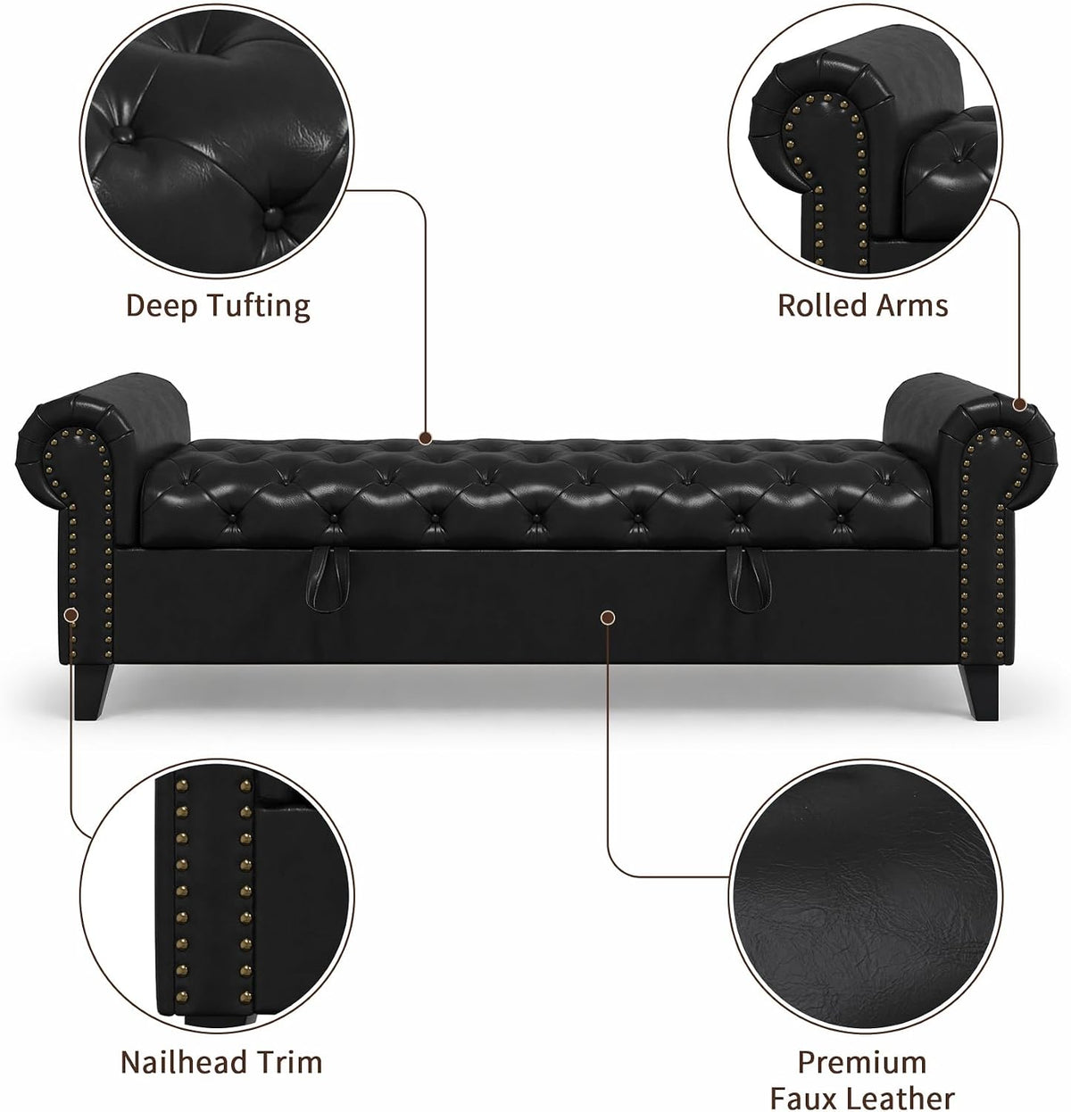 67 Inch Faux Leather Storage Bench with Rolled Arms, Chesterfield Tufted Ottoman Bench with Nailhead Trim
