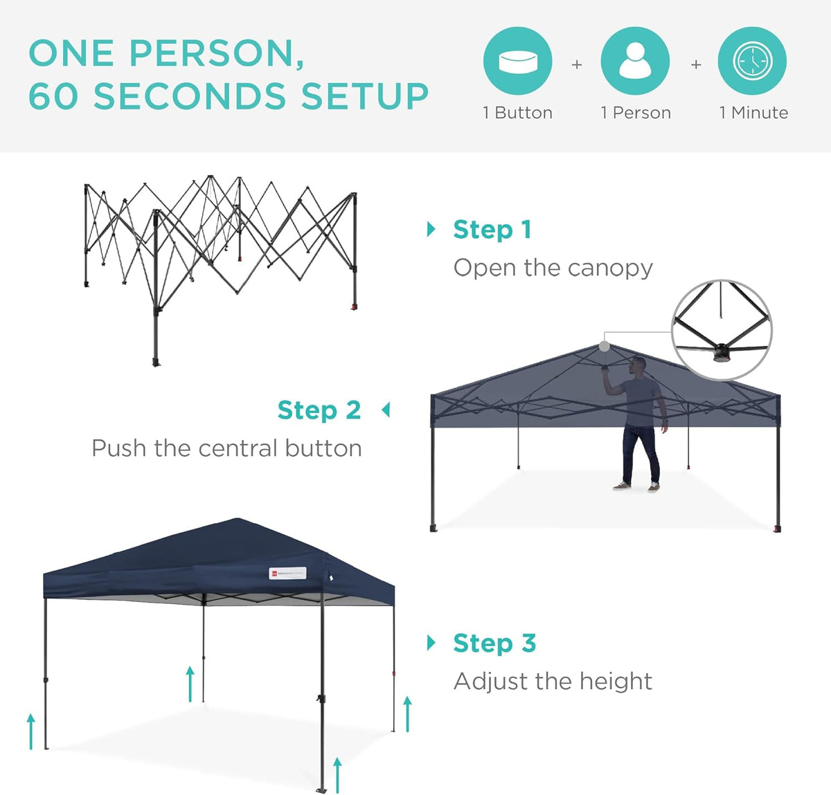 10x10ft Pop Up Canopy Tent, Outdoor Shade, 1 Person 1 Minute Set Up, Carry Case, 4 Weight Bags - Navy Blue