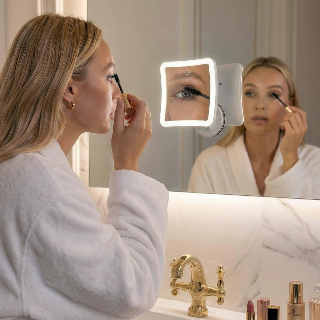 Rechargeable 10x Magnifying Mirror with 3 LED Light Settings, Dimmable Touch Light, Cordless, Locking Suction Mount
