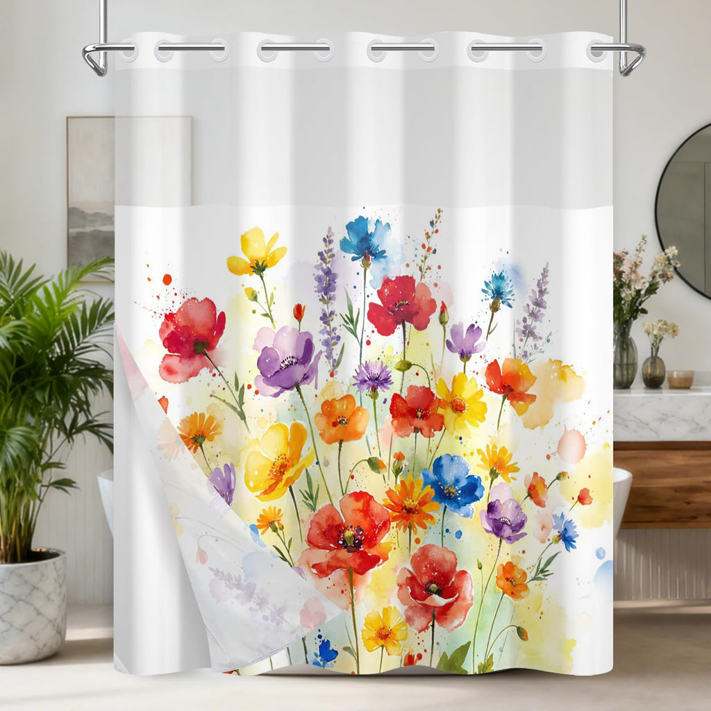 Farmhouse Watercolor Floral No Hook and Liner, 71"W x 74"L