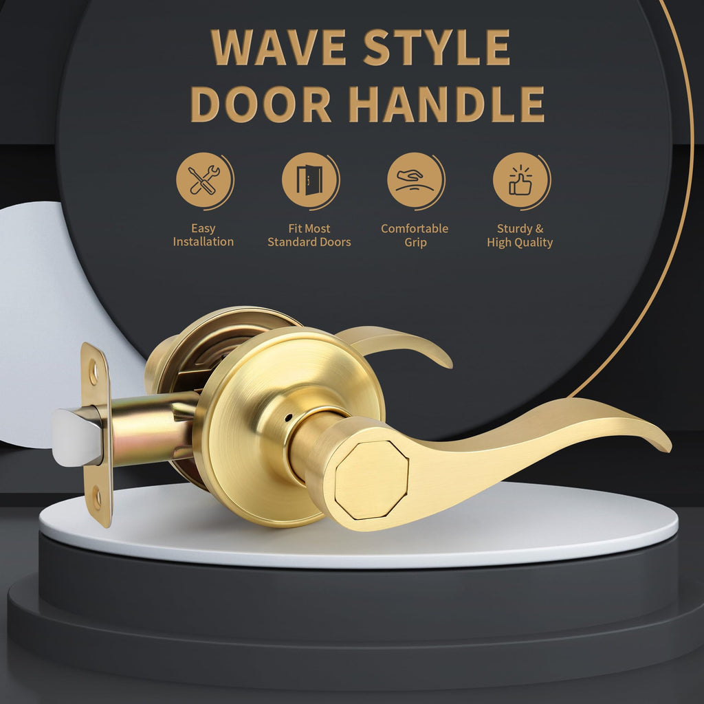 Brushed Gold Wave Style Passage Door Handle Without Keys, Non-Locking Door Lever /Closet in Satin Brass Finish, No