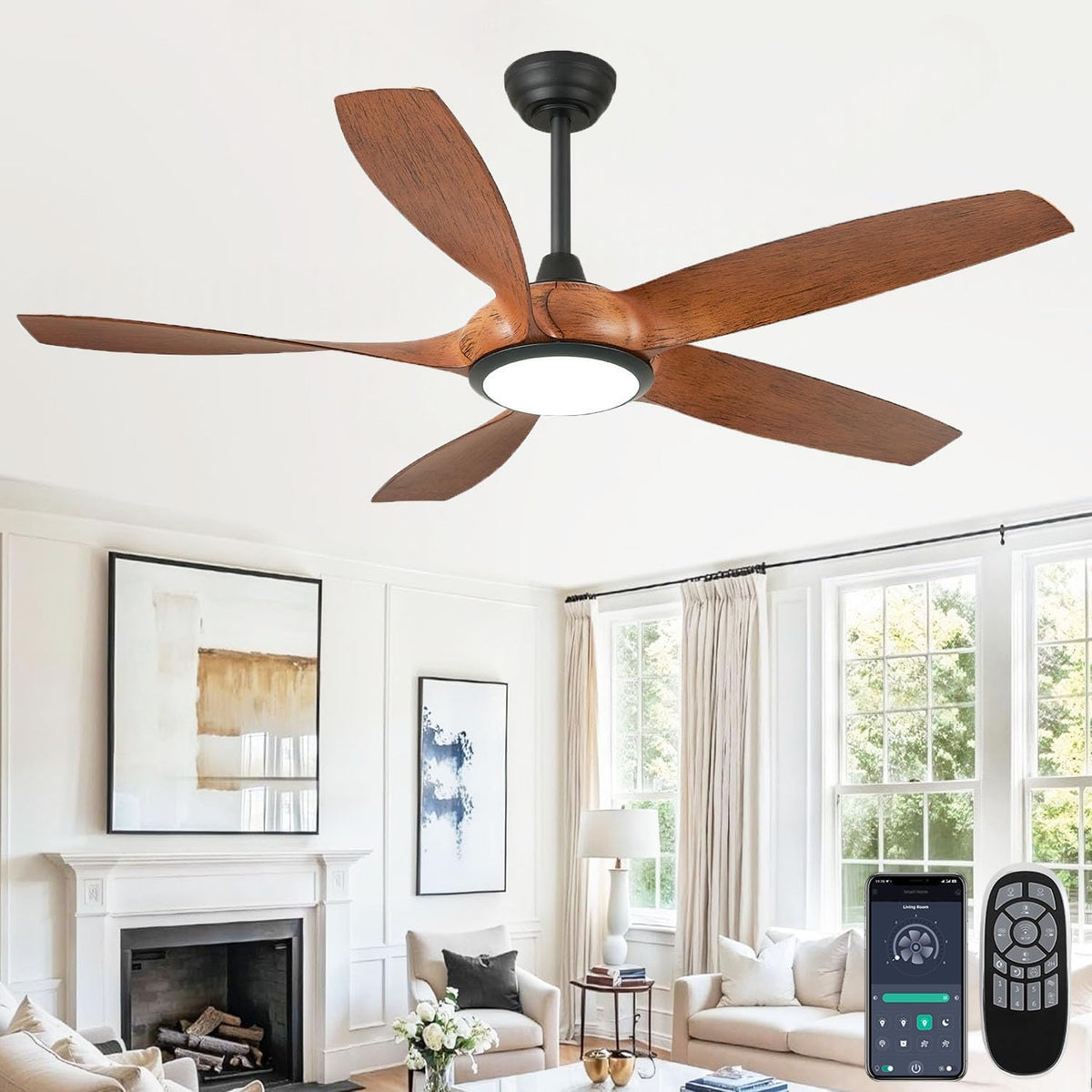 52-Inch Modern Indoor Outdoor Ceiling Fan with Lights and Remote