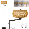 Dimmer Rattan Floor Lamp, Tall Boho Standing Lamp with Swing Arm, Hand Woven Lamp with 2 * 9W LED Bulb, Bright Tall Lamp