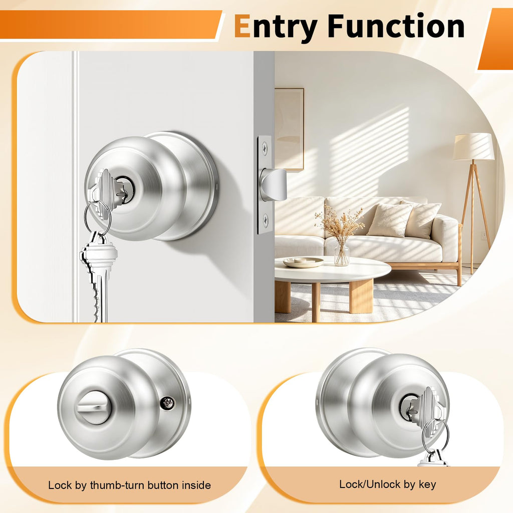 Keyed Alike Door Knobs with Lock and Key, Exterior Door Locks, Flat Ball Knob Style, Brushed Nickel, 5 Pack