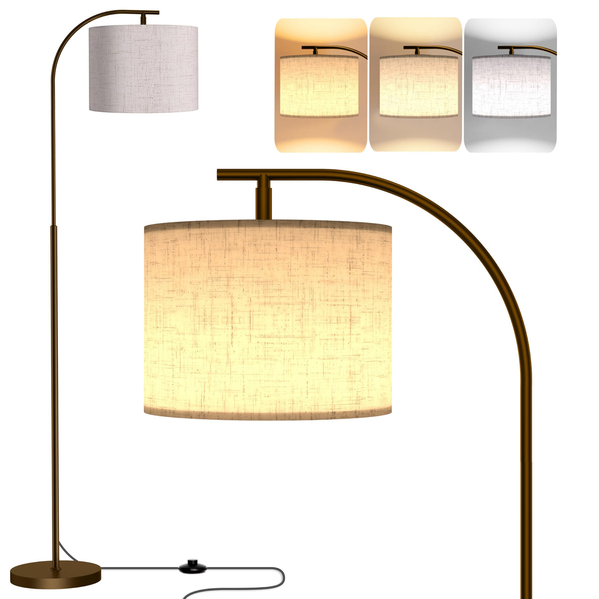 Floor Lamp with Linen Shade, Arc Dimmable Tall Standing Lamp with Remote Control, Modern Floor Reading Light Bedroom
