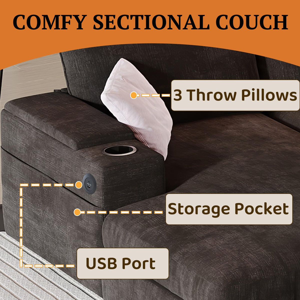 121.2" Large Sectional Couches with Chaise & Cup Holders