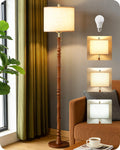 65" Vintage Wood Floor Lamp with Pull Chain, 3CCT, Walnut