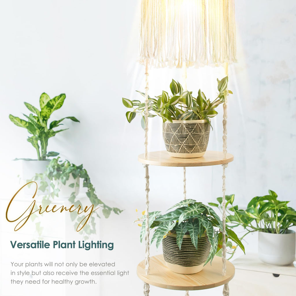 3-Tier Macrame Hanging Lamp Shelf, Boho Corner Pendant Light with Plug Cord