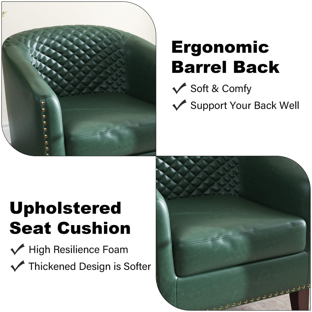Faux Leather Barrel Accent Chair with Nailhead, Dark Green, Set of 4