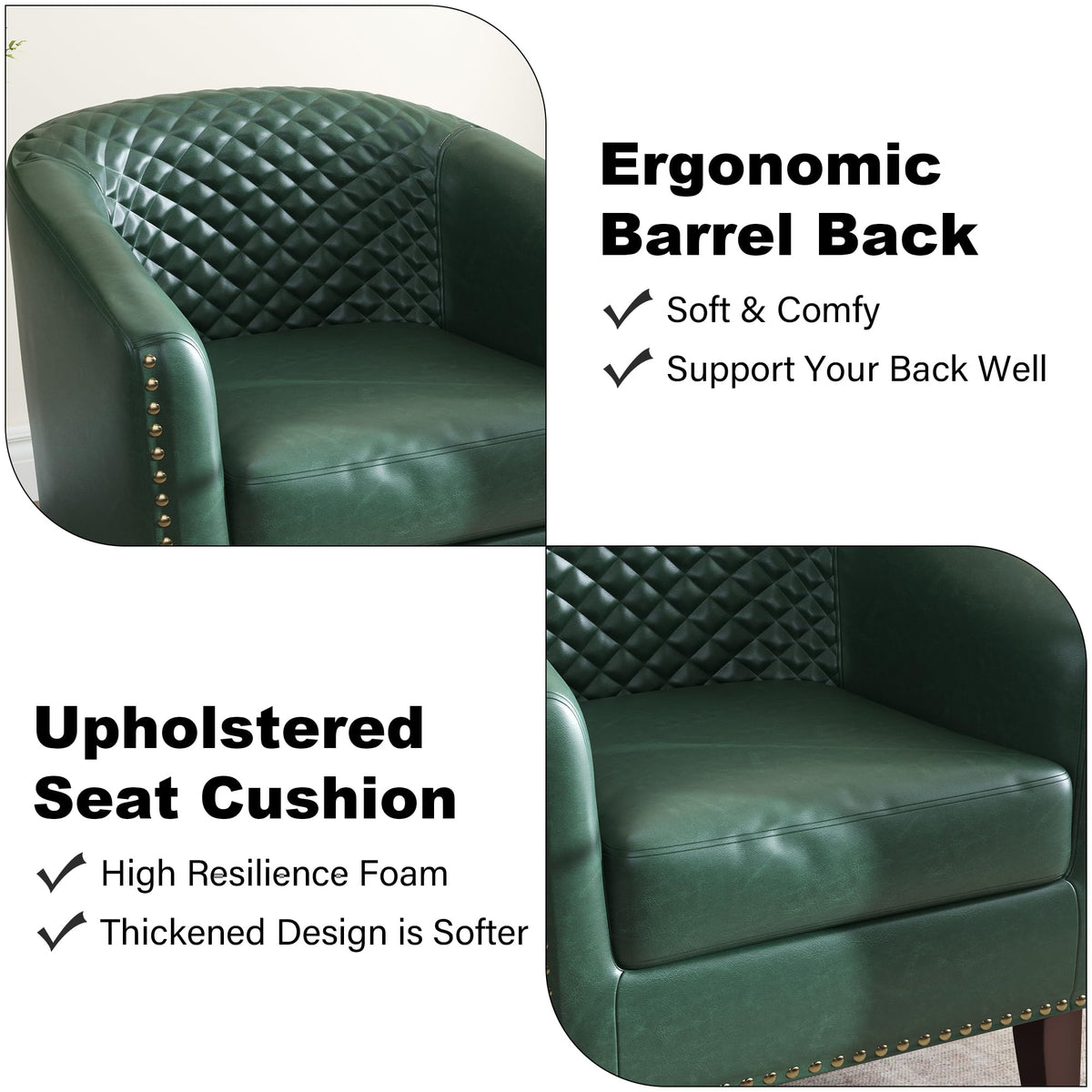 Faux Leather Barrel Accent Chair with Nailhead, Dark Green, Set of 4