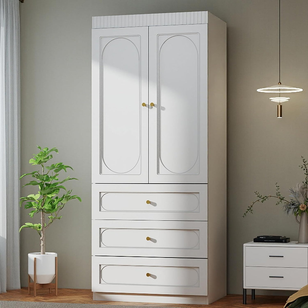 Armoire Wardrobe Closet with Drawers: 74" Tall White Wardrobe Closet with Doors, Large Bedroom Armoires for Clothes