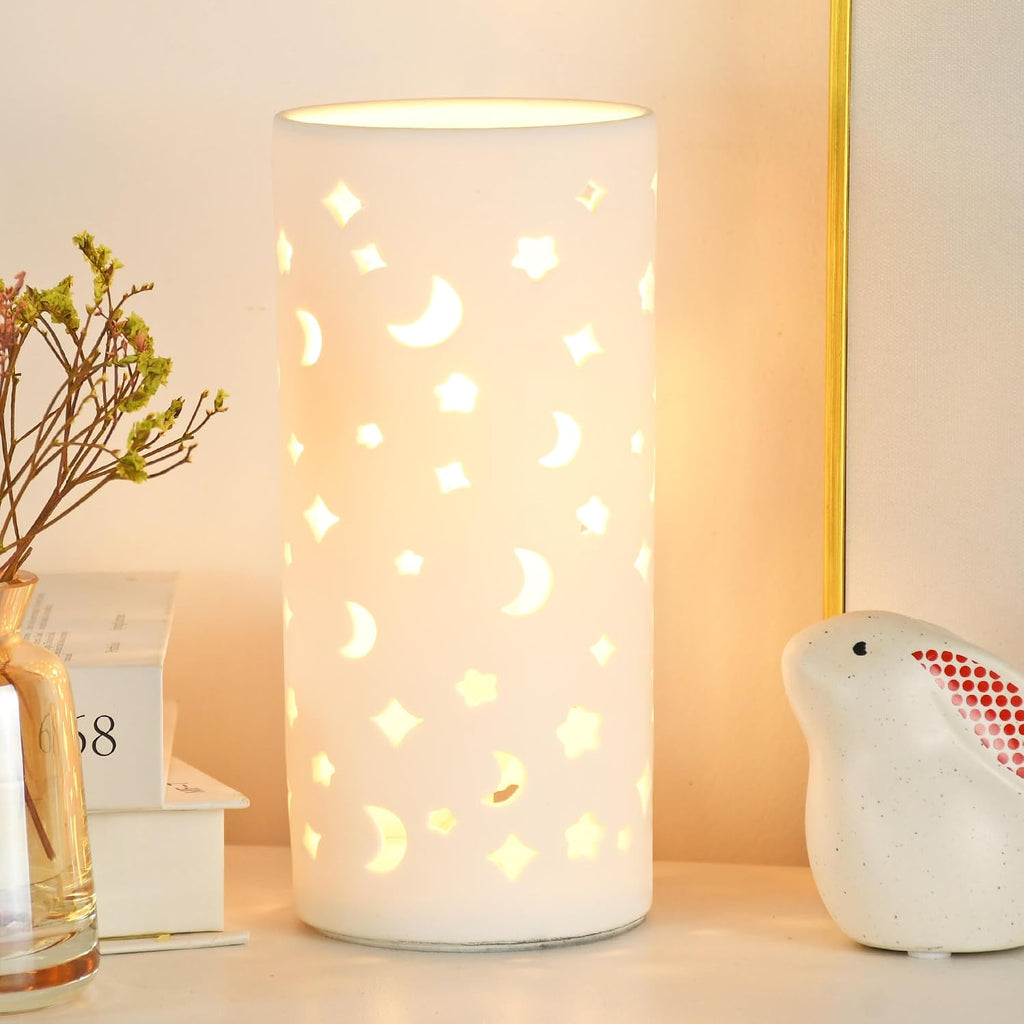 Dana White Modern Ceramic Moon Carving Table Lamp,Kids Night Ceramic Table Lamp,Φ3.54×H7.87IN,Bulb Excluded