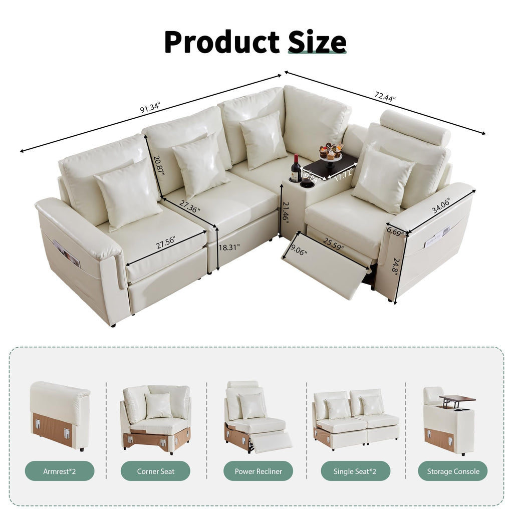 Faux Leather Sectional Sofa, L Shaped, 4 Seater, Beige