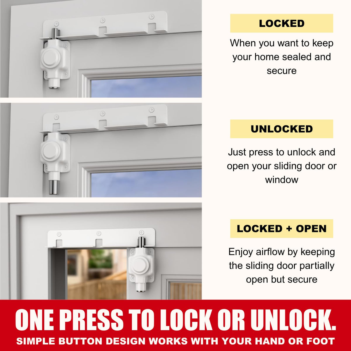 Sliding Door Lock | Sliding Glass Door Lock for Child Safety, Pet, Patio, & Adjustable Ventilation with Button