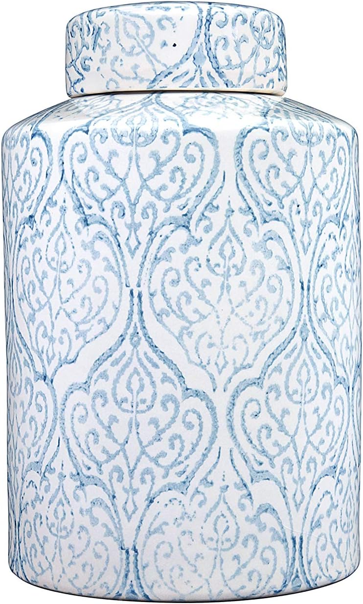 Tall Decorative Ceramic Ginger Jar with Lid, Blue and White Floral Pattern