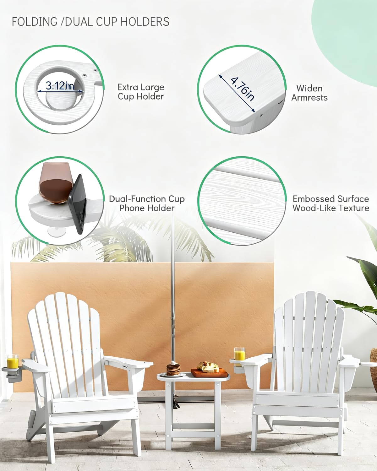 Oversized Folding Adirondack Chair Set of 4, Outdoor Chair, White