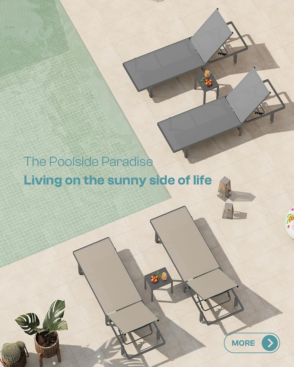 Outdoor Lounge Chairs Set of 2, Aluminum Pool Lounge Chairs with Wheels and 5-Position Recliner -Easy to Move- Patio