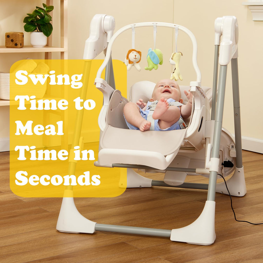 Baby SnuggleBug in-1 Infant Swing & High Chair, Adjustable Seat Recline, Height, & Feeding Tray, App Control, Music