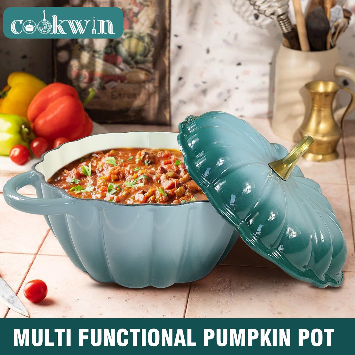 Pumpkin Enameled Cast Iron Dutch Oven with Lid, 4.5 QT Dual Handles and Heavy Duty Pot, Oven Safe up to 500°F for