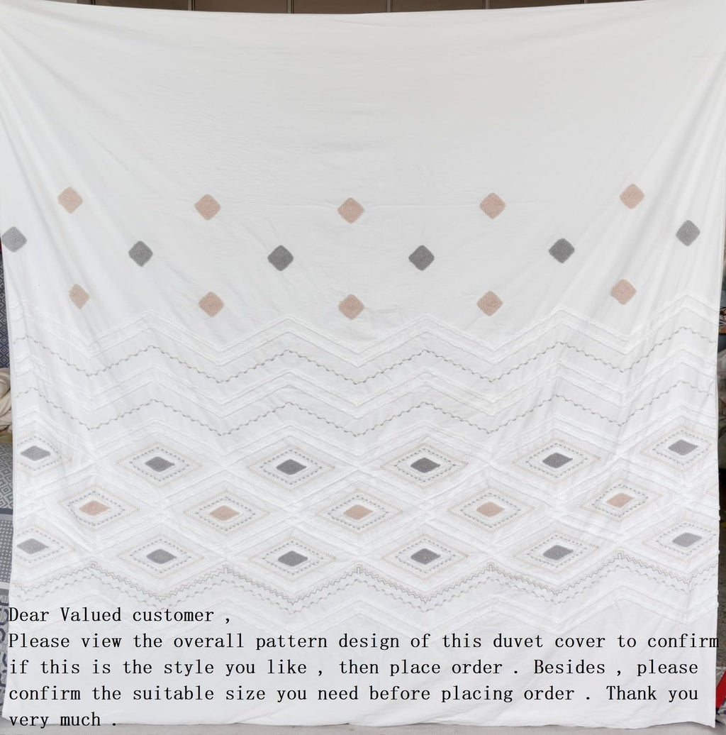 Off White Breathable Tufted Cotton Boho Duvet Cover Set 104x90''