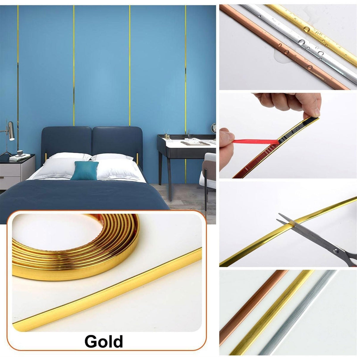 Peel and Stick Molding Trim, Flexible Wall Ceiling Floor Cabinet Tile Edge Moulding(Gold,3mx18mm)