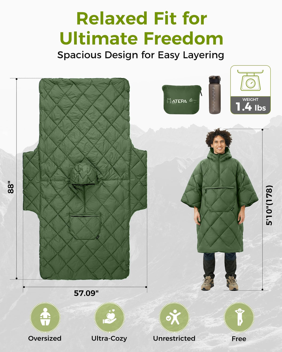 Blanket Poncho, Wearable Camping Blanket Hoodie, Green