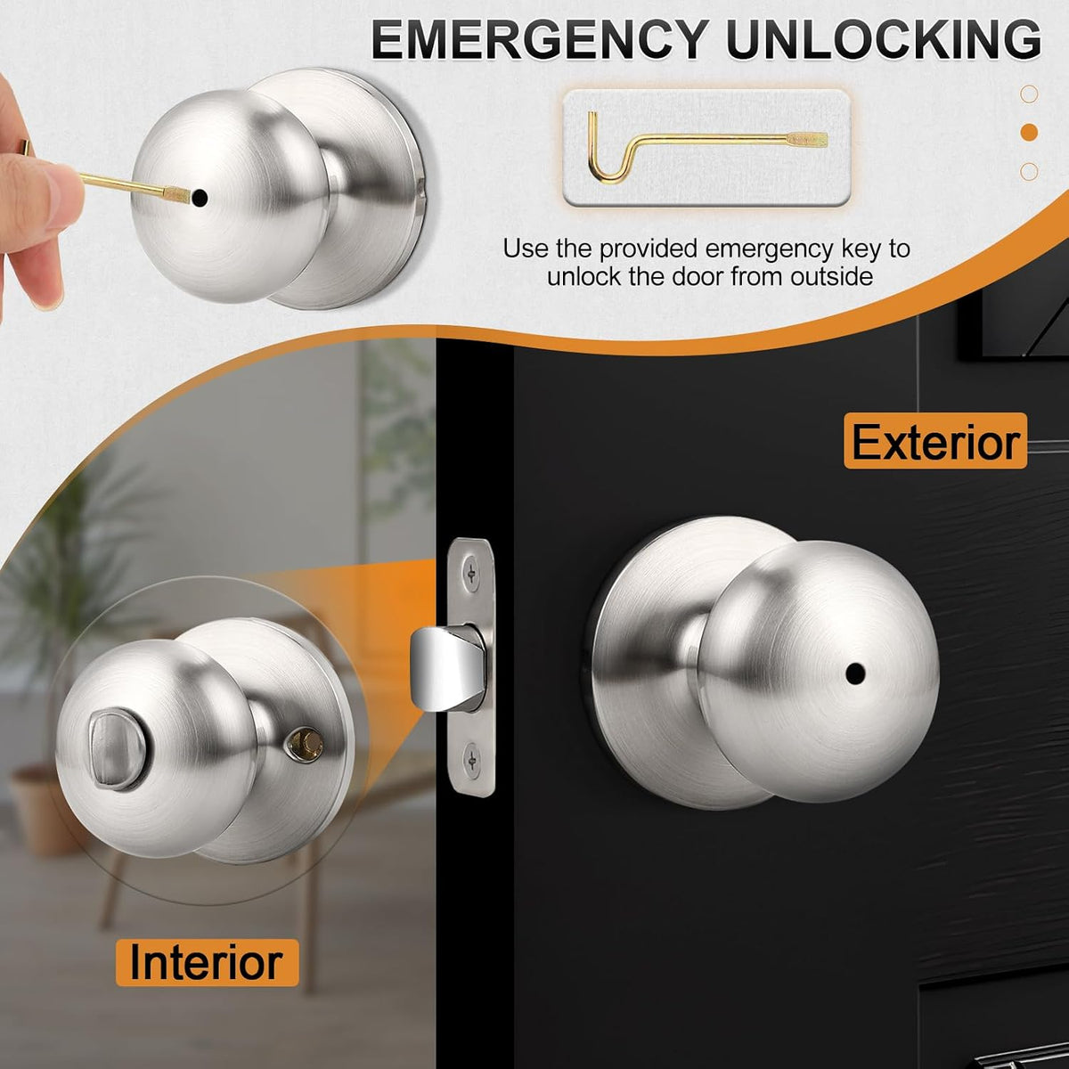 Privacy Stainless Steel Door Knobs Interior, Bed/Bathroom Door Knob(Bedroom & Bathroom) Brushed Nickel, 6 Pack
