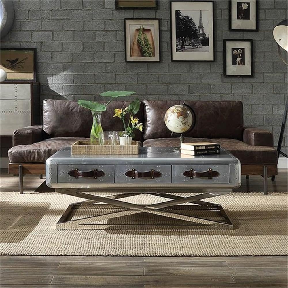 Leather Loveseat Sofa in Oak & Distress Chocolate Vintage-Industrial Style Sofa with Top Grain Leather Upholstery