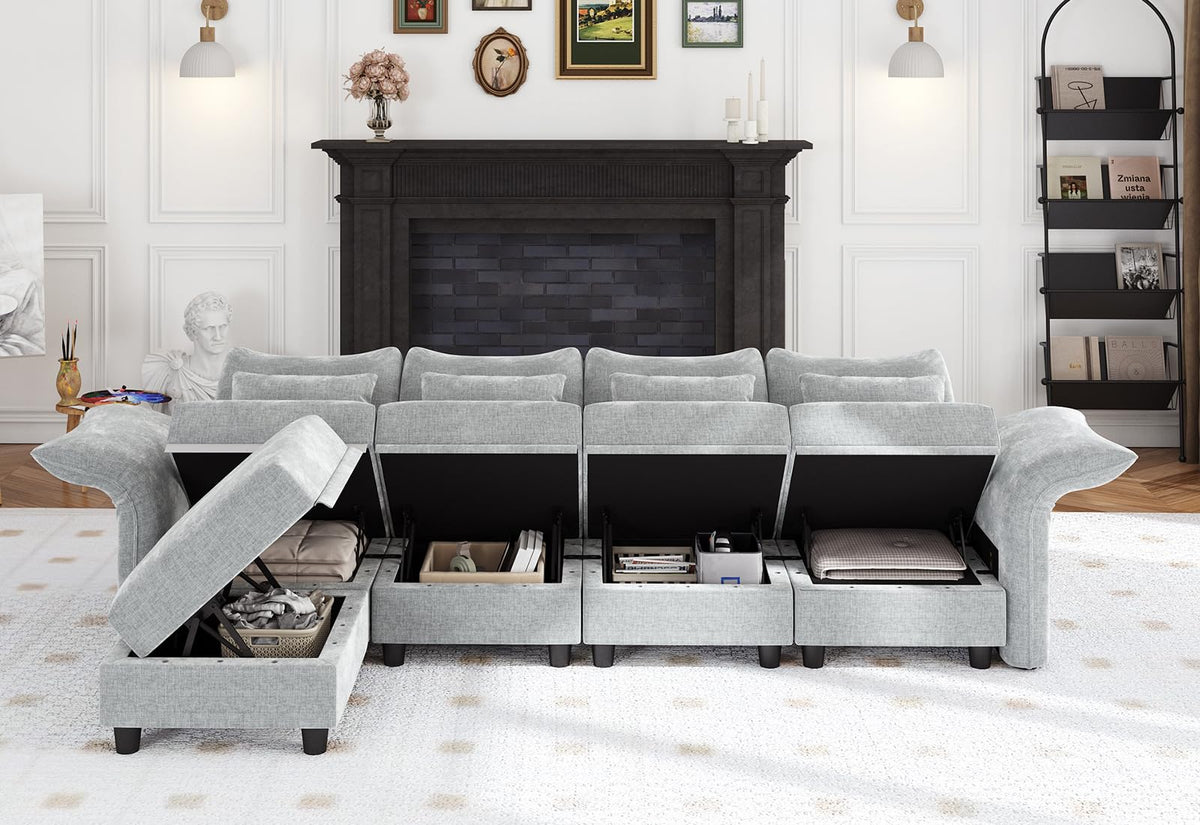 L Shaped Sectional Sofa, 5-Seater Grey Chenille Modular Couch