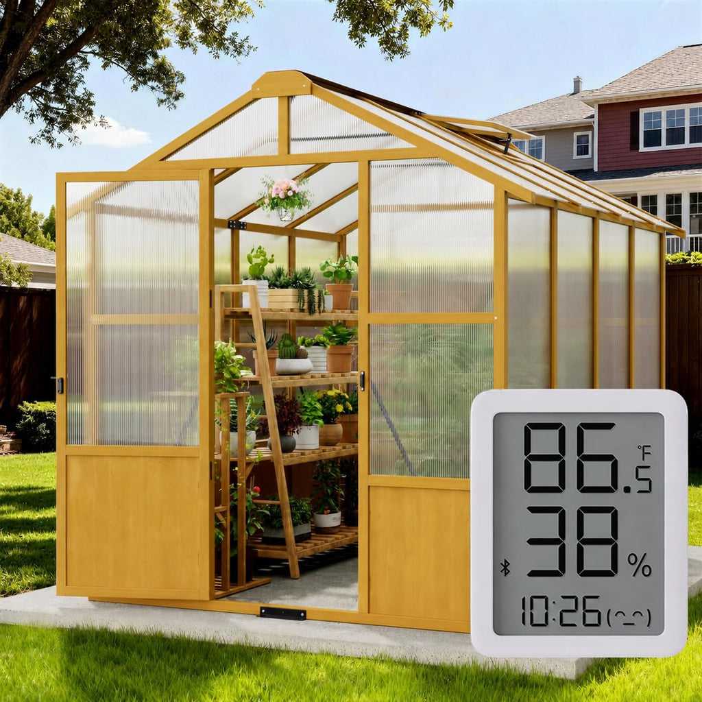 6X8FT Wooden Greenhouse for Outdoors with Thermometers for Backyard, Garden