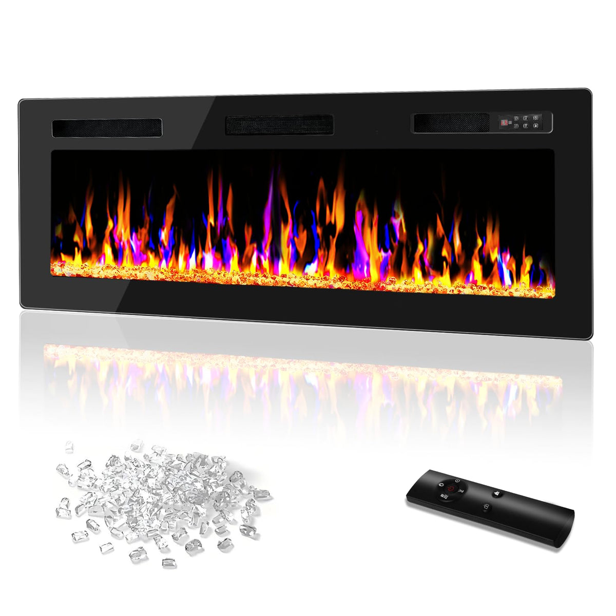 50 Inch Ultra Thin Electric Fireplace-Narrow Bezel Linear Fireplace Heater Recessed Wall Mounted, Remote and Screen