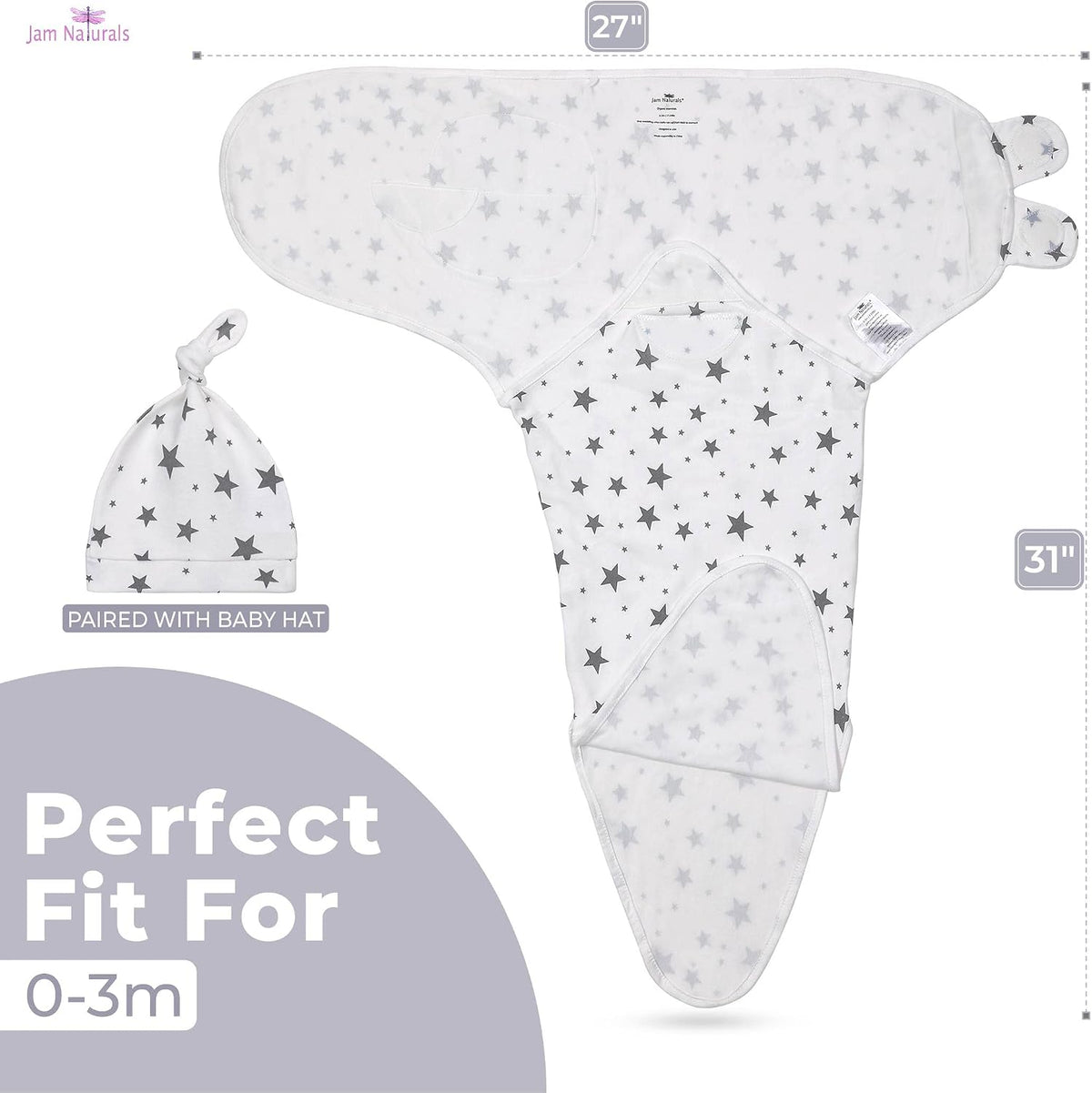 Organic Knotted Tie Bottom Adjustable Velcro Swaddle and Hat Set of 3, Newborn Sleep Sack (0-3m, 7-14lbs Grey)