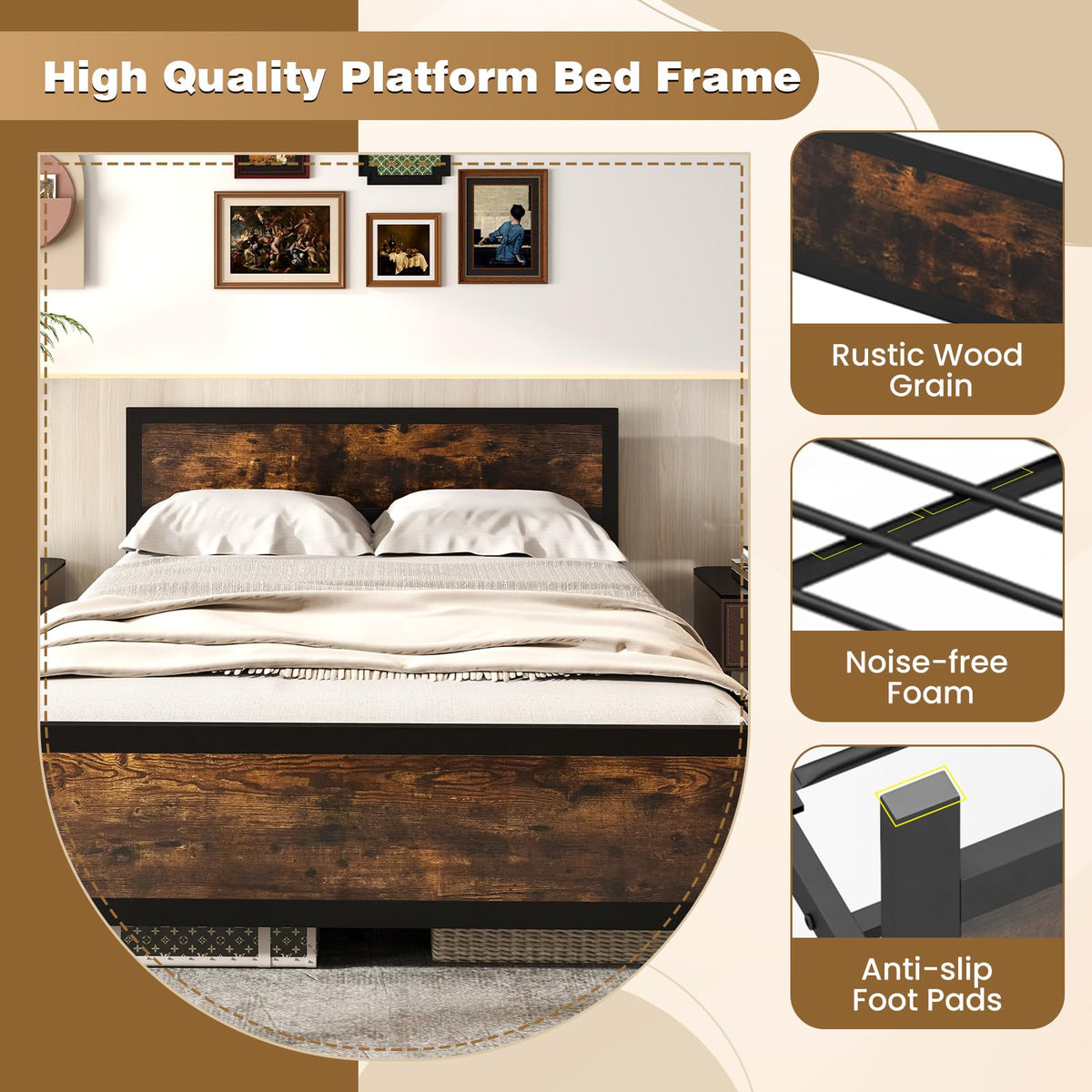 Metal Queen Size Platform Bed Frame with Wood Headboard and Footboard, Industrial Heavy Duty Queen Bed Frame w/Strong