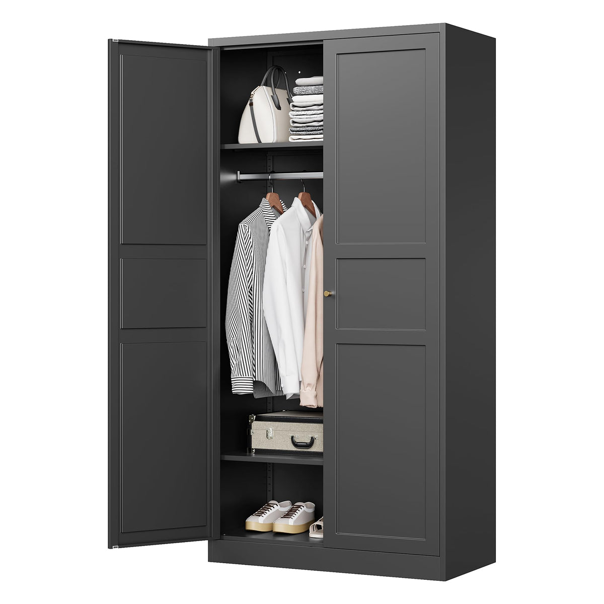 Wardrobe Closet with 2 Doors, 72" Metal Wardrobe Cabinet with Hanging Rod, Bedroom Armoires Laundry Room and Office