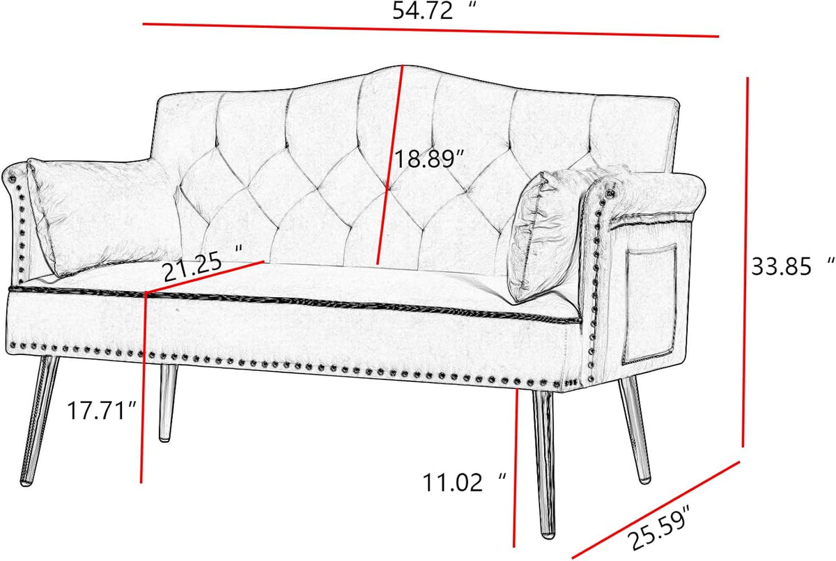 55 Inch Beige Velvet Loveseat Sofa with Gold Metal Legs & Side Pockets, Tufted Backrest