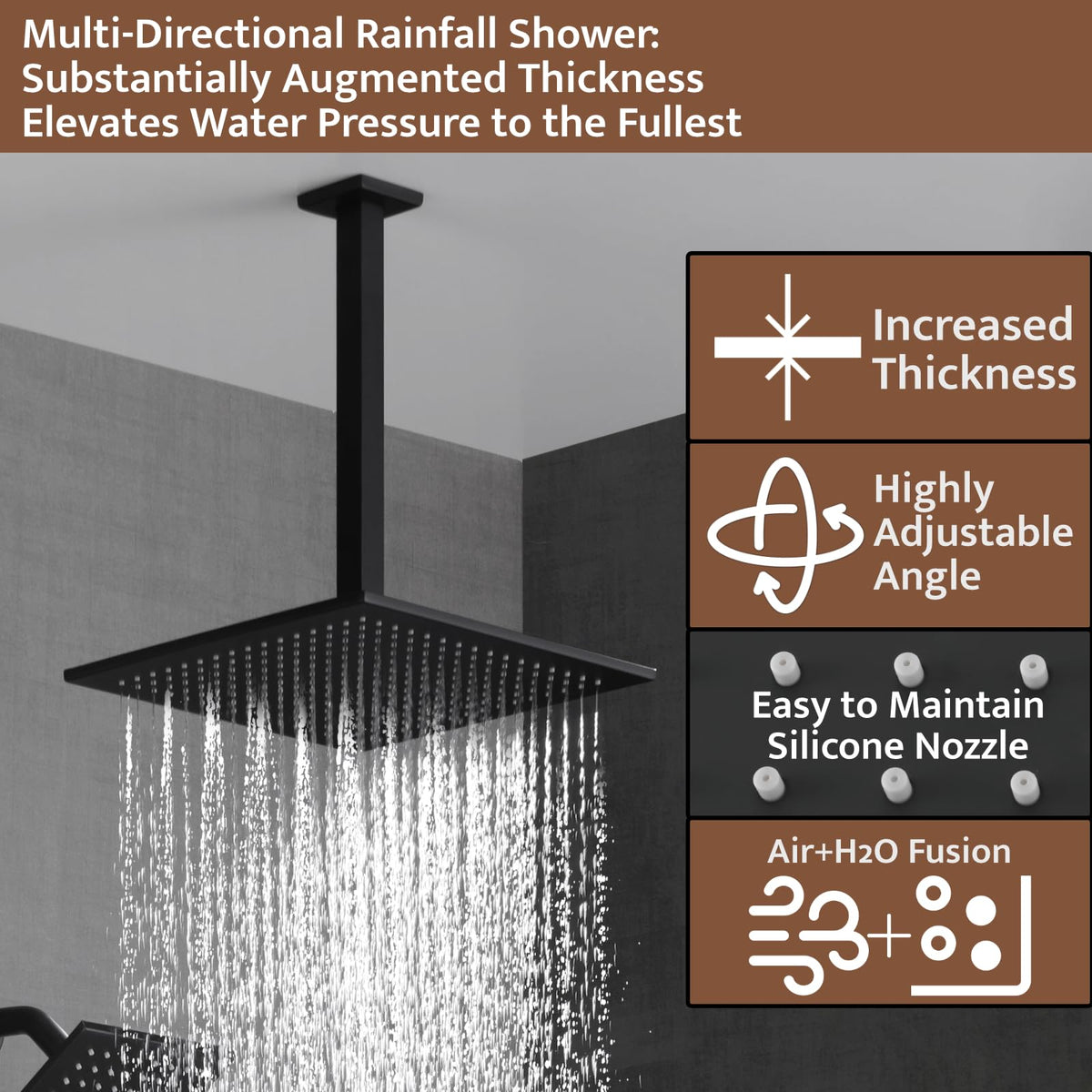 Thermostatic Shower System Matte Black, Push Button Diverter Shower Faucet with 2 in 1 Handheld, Ceiling Mount 12