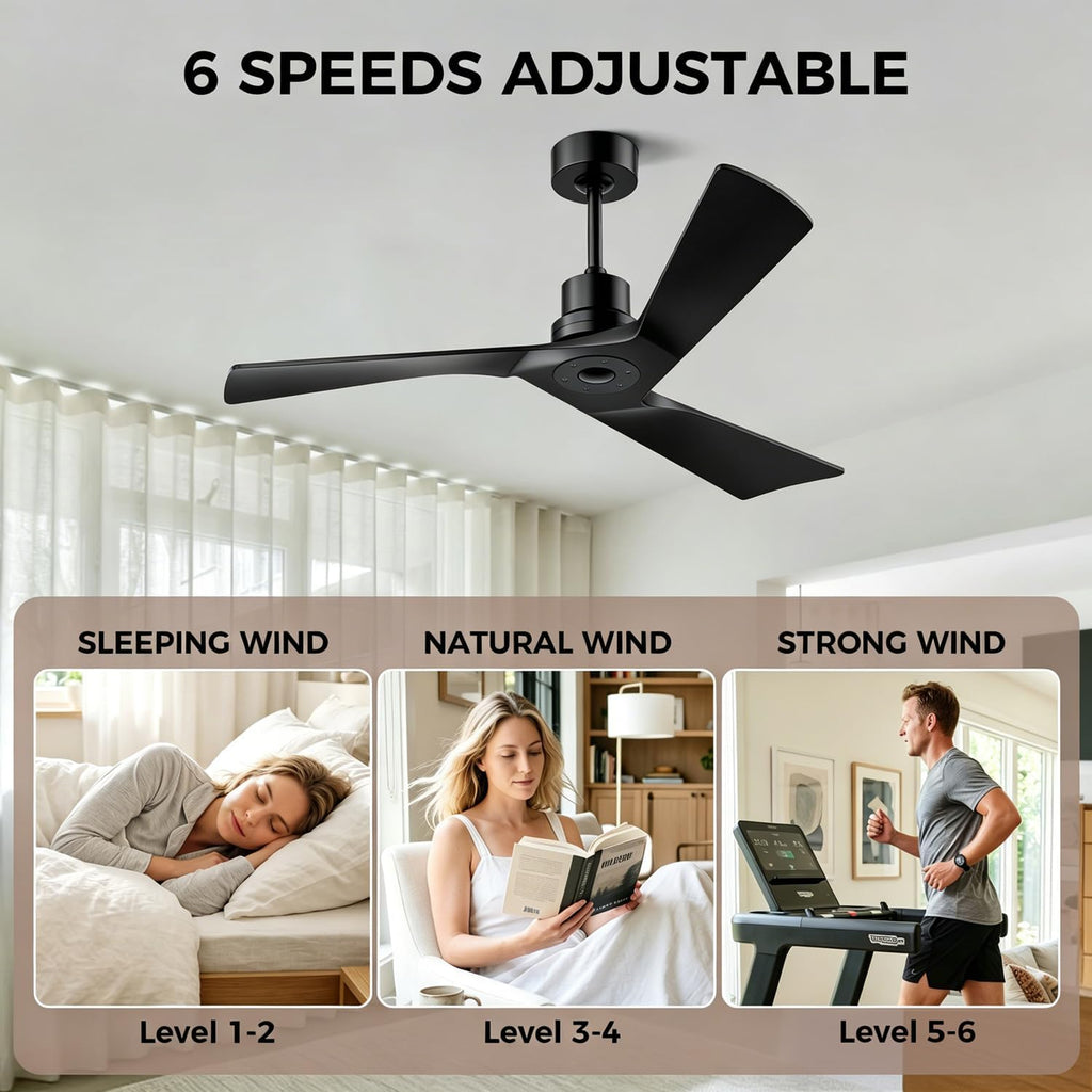 52" Black Ceiling Fan with Remote, No Light