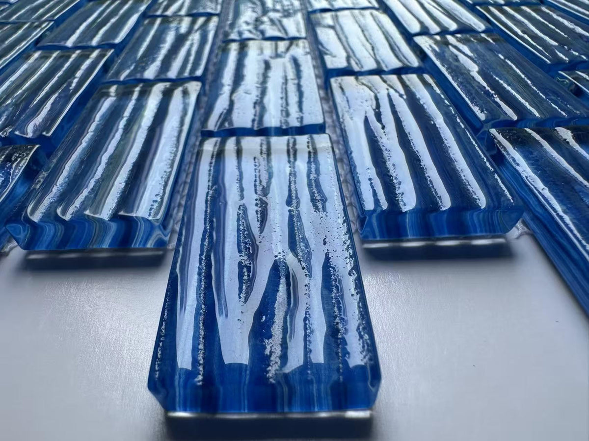 Ocean Blue Glass Mosaic Tile - Textured Subway Pattern, 12"x12" Blue Glass Tiles Backsplash, Bathroom, Pool & Spa