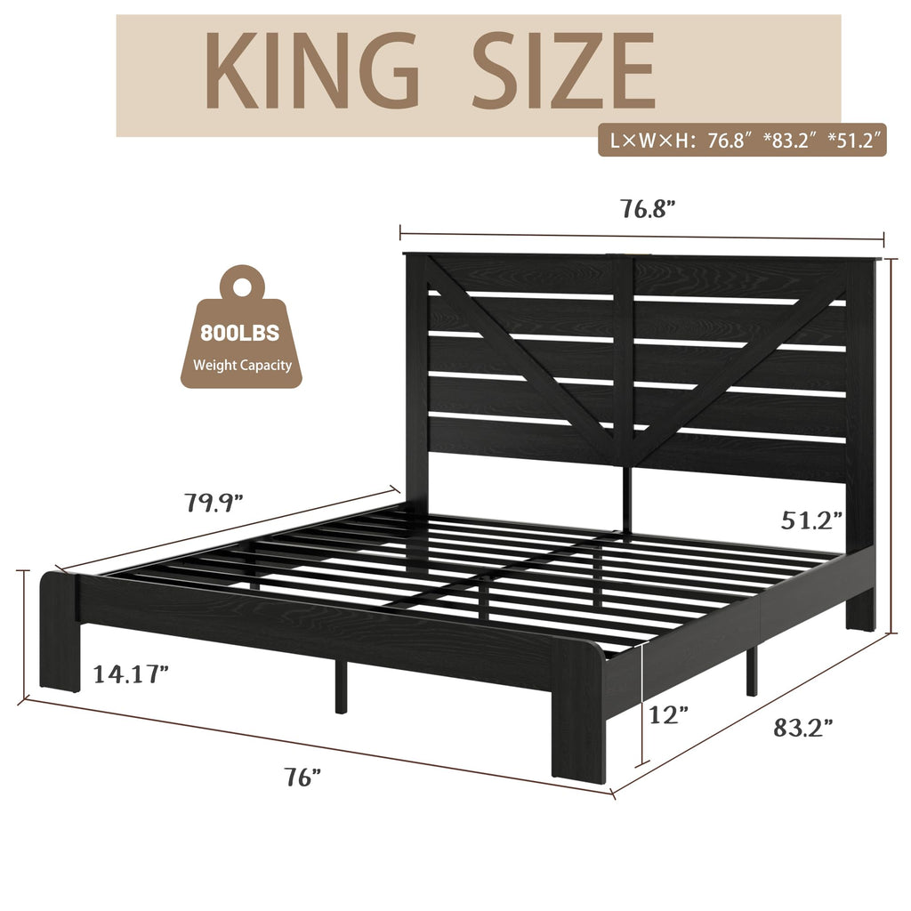 Farmhouse Wood Bed Frame 51" Tall Headboard Black