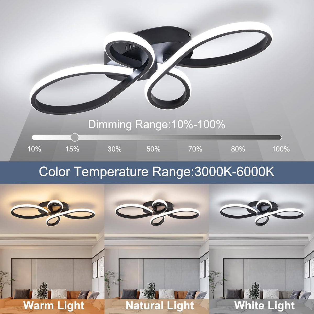 Modern LED Ceiling Light, Hallway Light Black Close to Ceiling Light Bedroom Balcony Bathroom Room (23.62Inch)
