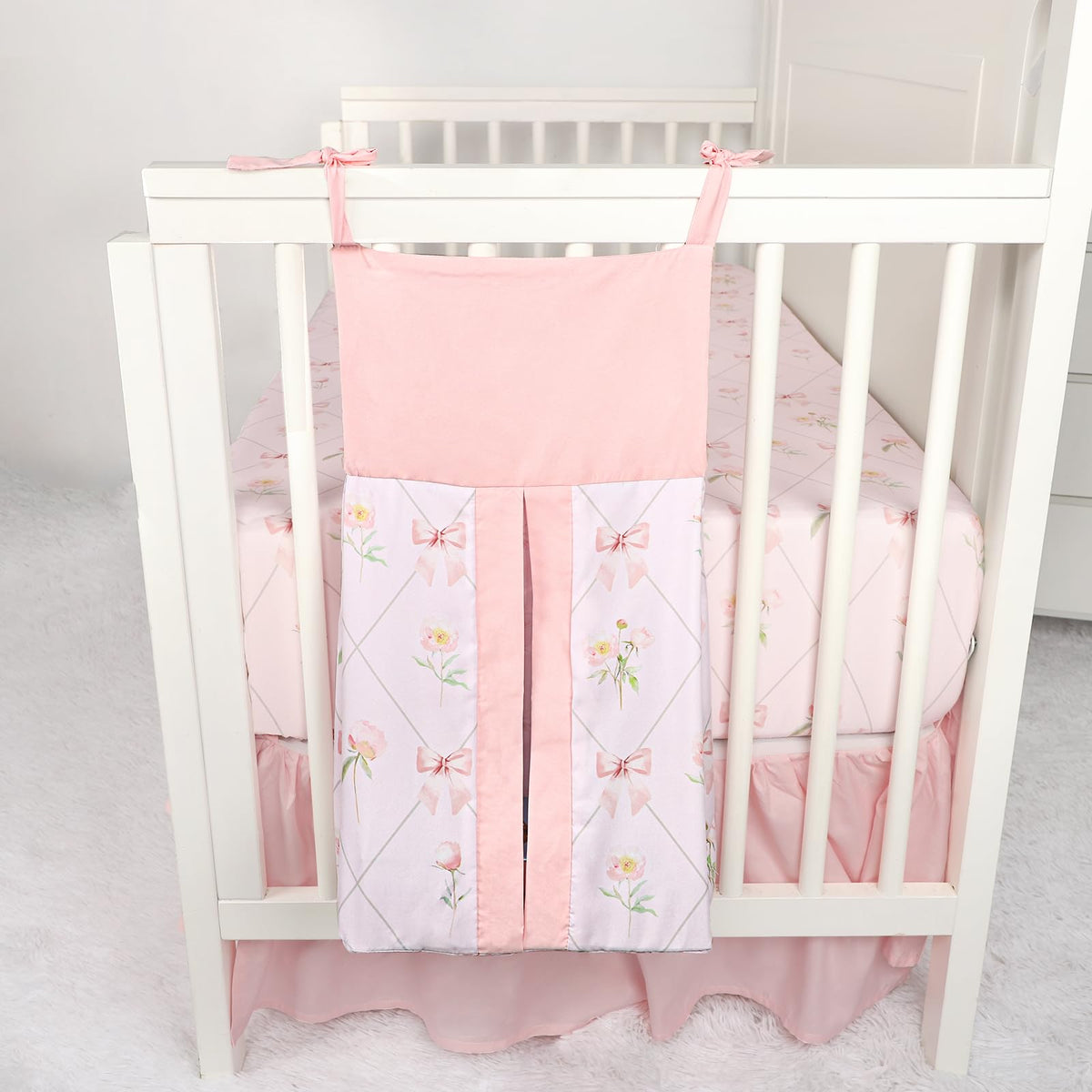 4-Piece Crib Bedding Set for Girls, Baby Nursery Bedding Sets Pink Includes Comforter, Fitted Crib Sheet, Crib Skirt