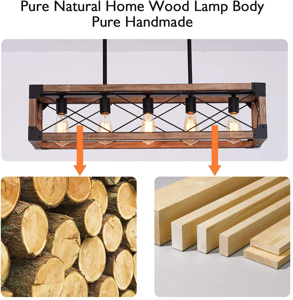 Kitchen Island Lighting, 33.5-Inch 5 Lights Farmhouse Linear Chandelier Pool Table Pendant Light Fixture, Rustic Wood