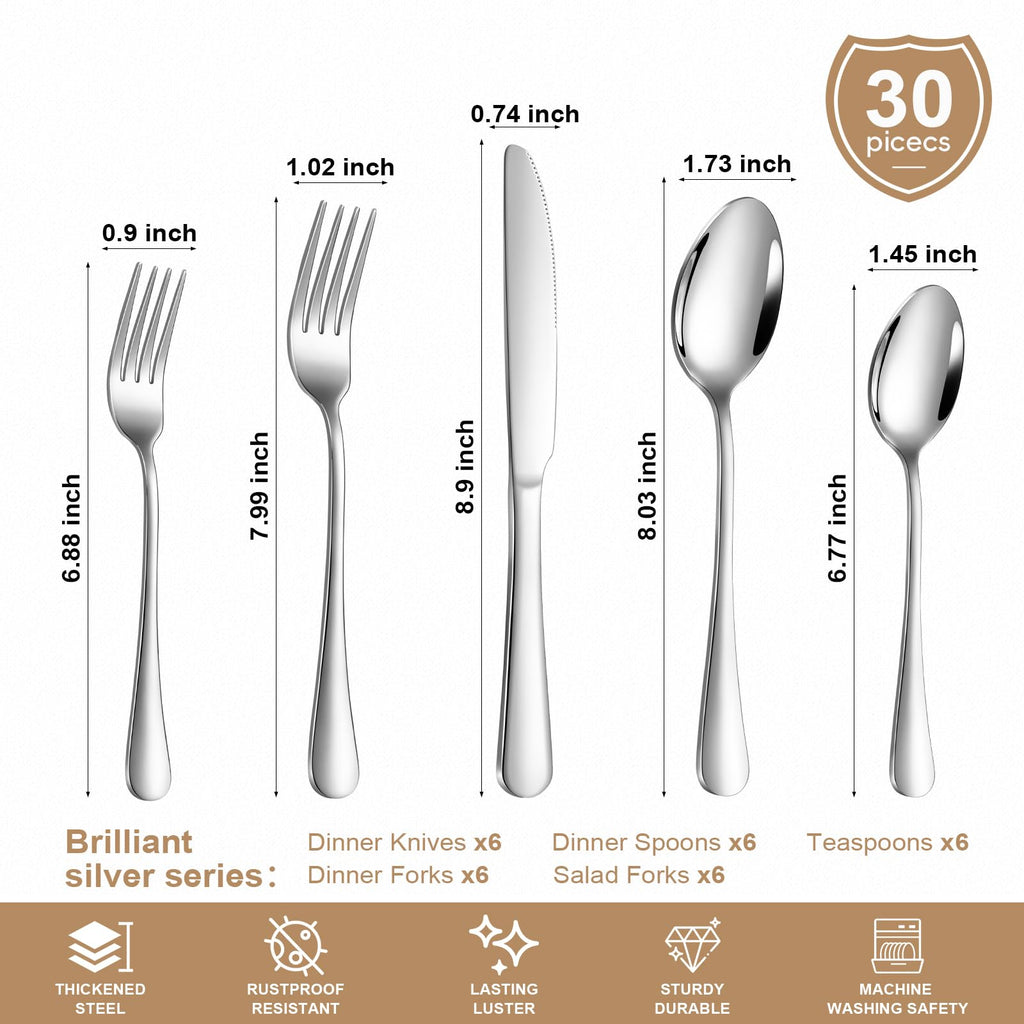 30-Piece Silverware Set for 6, Food Grade Stainless Steel Flatware Set, Mirror Polished Cutlery Utensil Set with