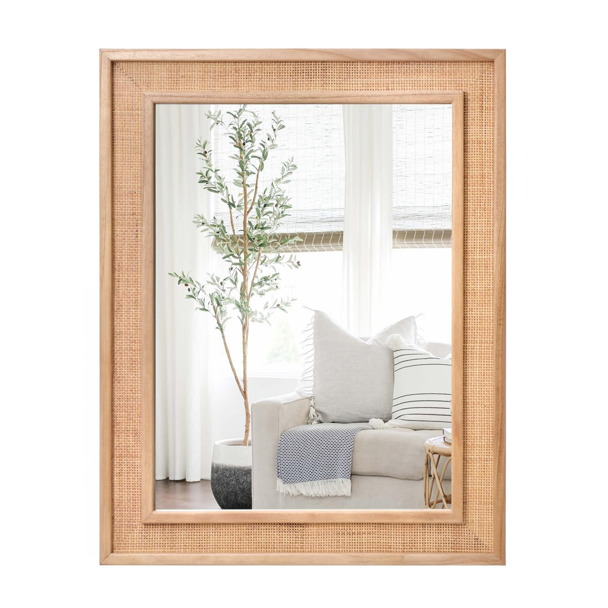 Rattan Wall Mounted Mirror 24"x32" Wood Framed Farmhouse Hanging Bathroom Mirror Decorative Rectangle Wall Mirror