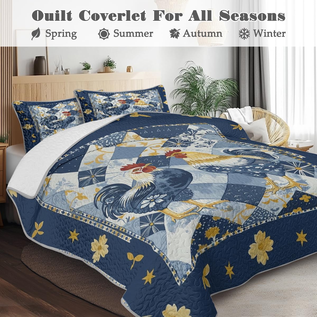 Farmhouse Rooster Quilt Set, Navy Blue and Yellow Patchwork Country Bedding