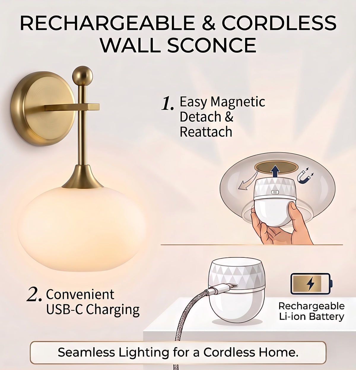 Battery-Operated Modern Brass Wall Sconce Set of 2, Wireless Rechargeable Wall Light with Remote Control, Milk Glass
