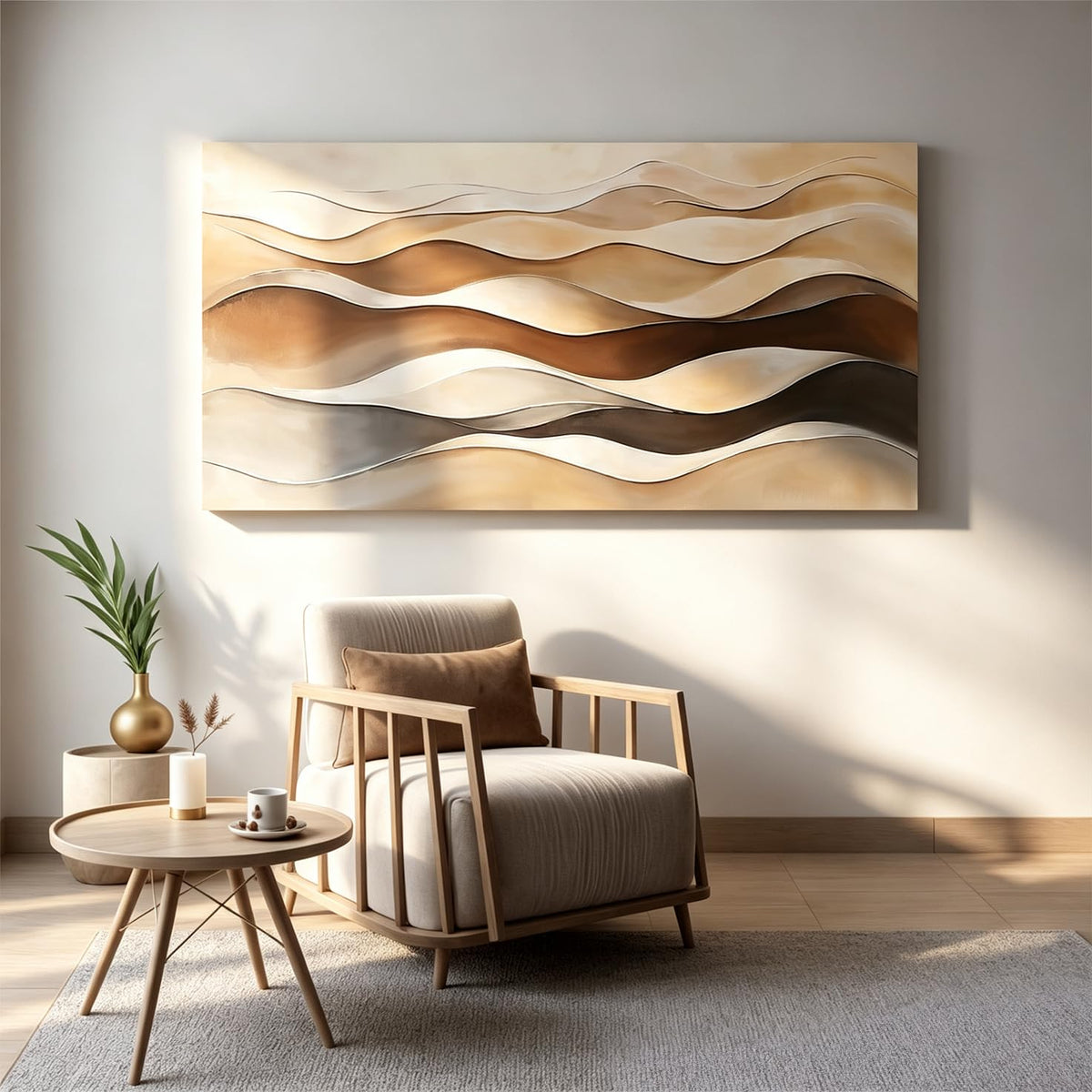 Large Abstract Canvas Wall Art Decor Print Brown White Aesthetic Wall Decor Painting Prints Minimalist Wavy Stripes