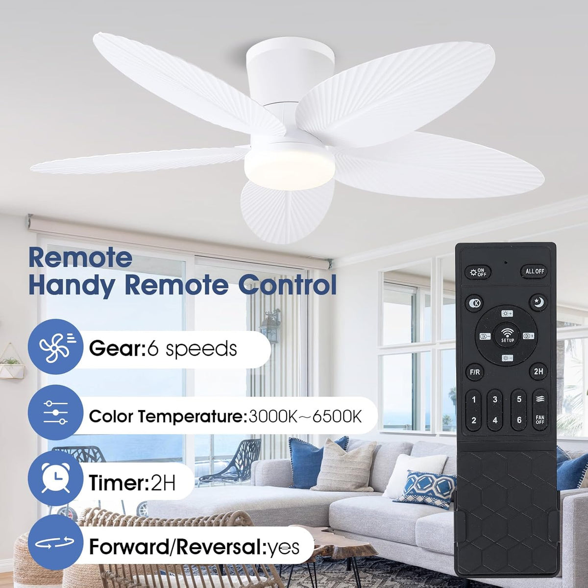 Palm Leaf Ceiling Fans with Lights-42 Tropical Ceiling Fan with Light and Remote/APP Control,Flush Mount Low Profile White Ceiling Fans for Bedroom,Indoor/Outdoor Patio Use